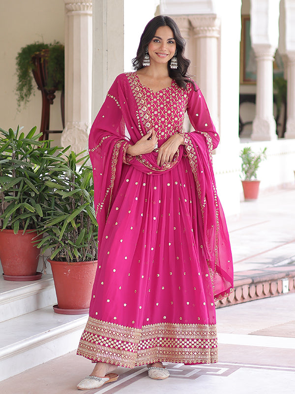 Rani Pink Sequins Embroidered Work Georgette Gown With Dupatta