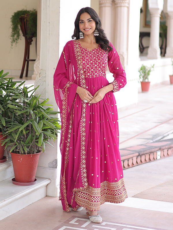 Rani Pink Sequins Embroidered Work Georgette Gown With Dupatta