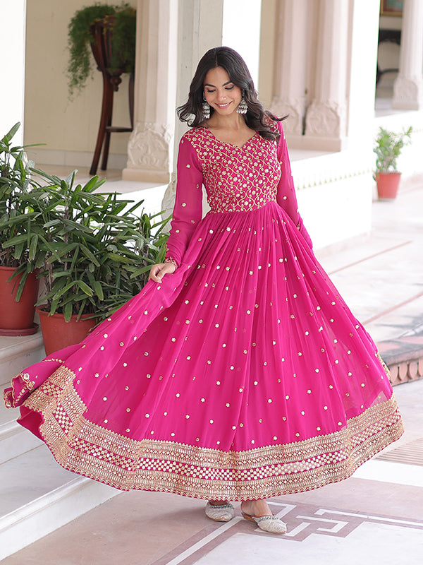 Rani Pink Sequins Embroidered Work Georgette Gown With Dupatta