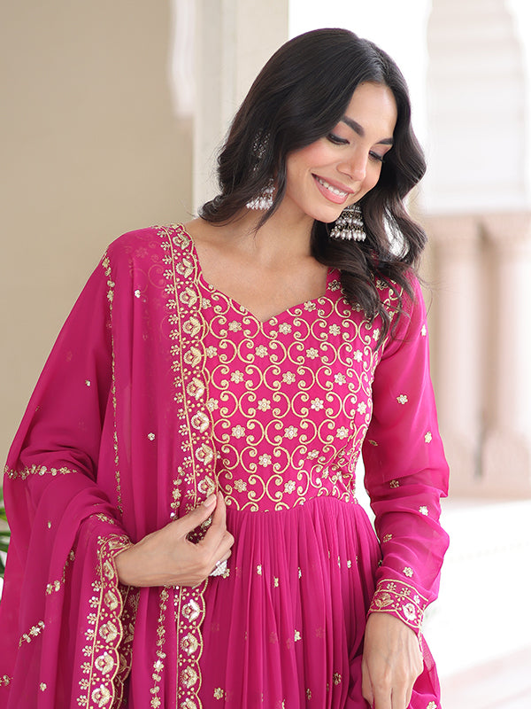Rani Pink Sequins Embroidered Work Georgette Gown With Dupatta