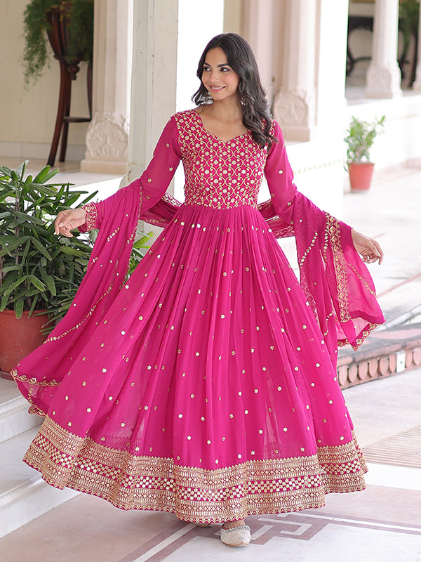 Rani Pink Sequins Embroidered Work Georgette Gown With Dupatta