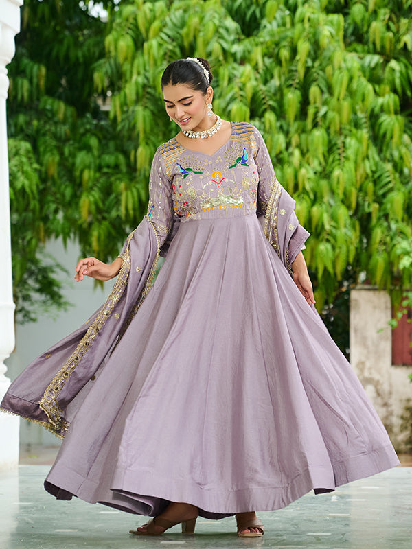 Onion Pink Sequins Thread Work Vichitra Silk Gown With Dupatta