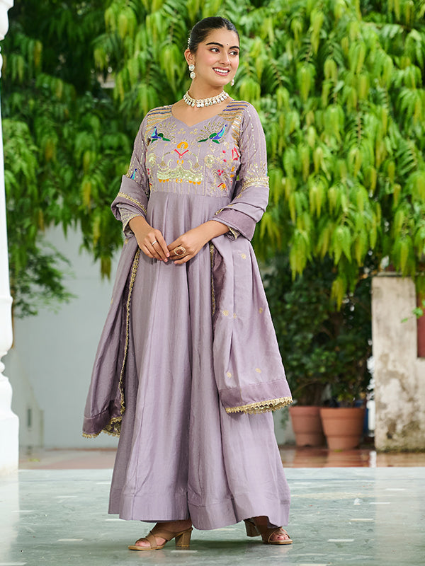 Onion Pink Sequins Thread Work Vichitra Silk Gown With Dupatta