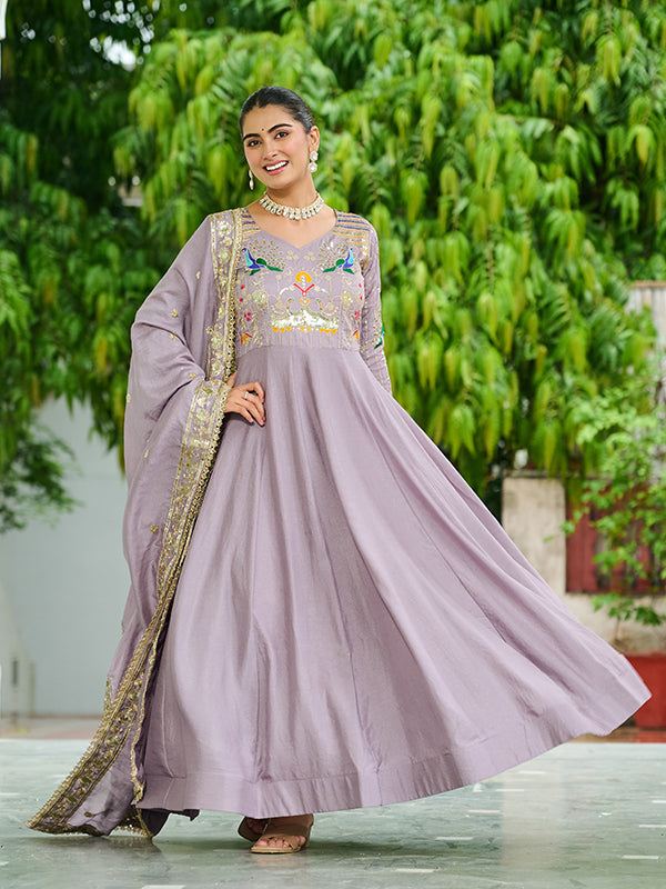 Onion Pink Sequins Thread Work Vichitra Silk Gown With Dupatta