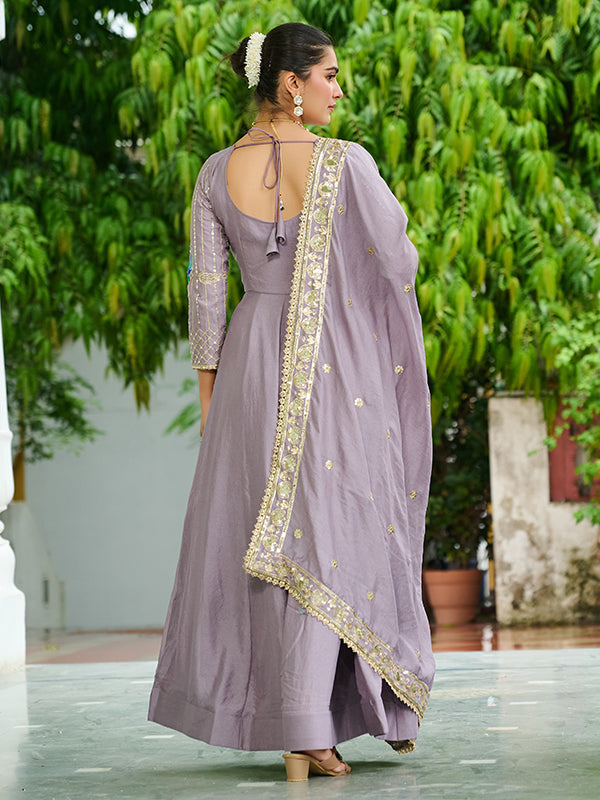 Onion Pink Sequins Thread Work Vichitra Silk Gown With Dupatta