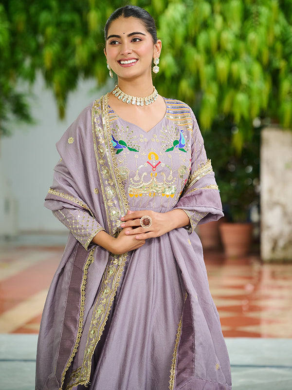 Onion Pink Sequins Thread Work Vichitra Silk Gown With Dupatta