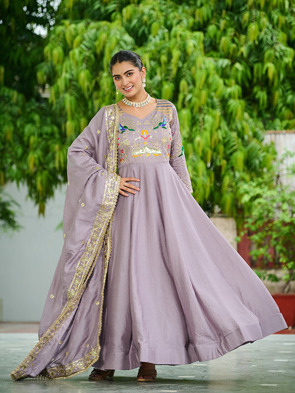 Onion Pink Sequins Thread Work Vichitra Silk Gown With Dupatta