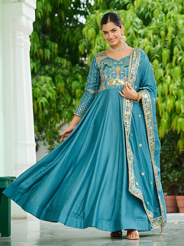 Sky Blue Sequins Thread Work Vichitra Silk Gown With Dupatta