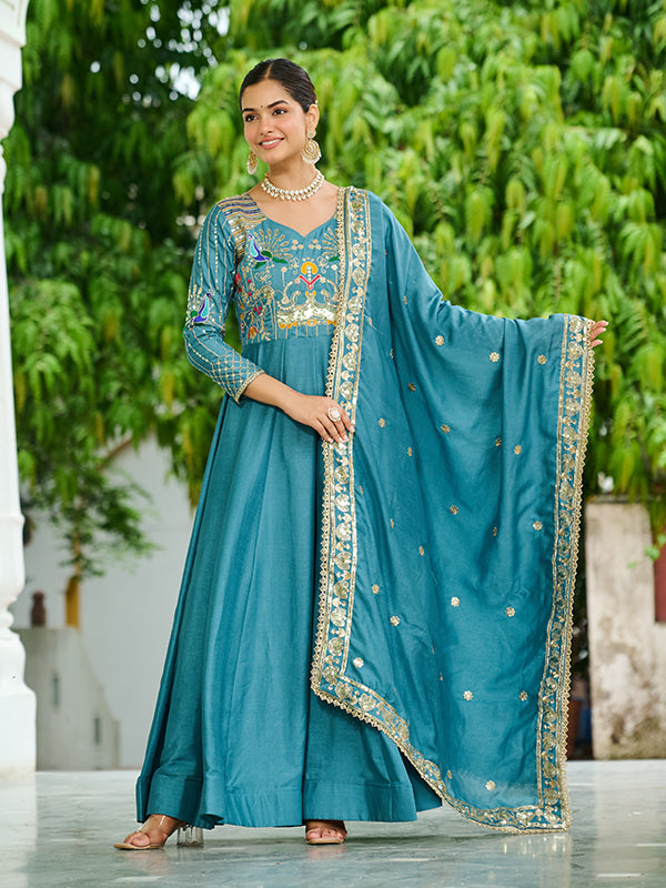 Sky Blue Sequins Thread Work Vichitra Silk Gown With Dupatta