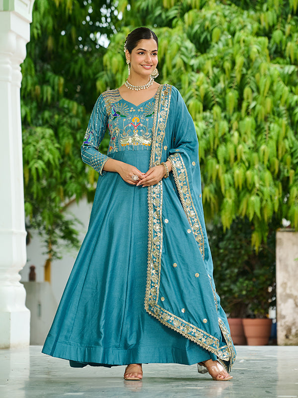 Sky Blue Sequins Thread Work Vichitra Silk Gown With Dupatta