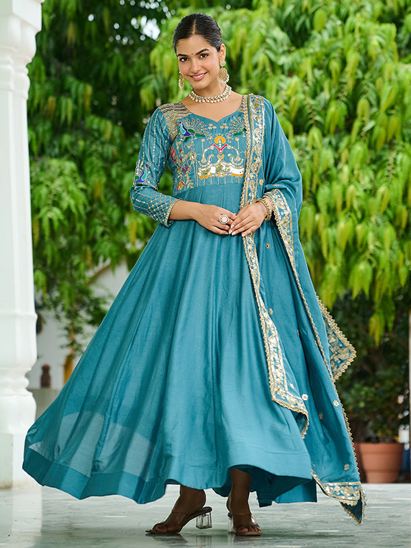 Sky Blue Sequins Thread Work Vichitra Silk Gown With Dupatta