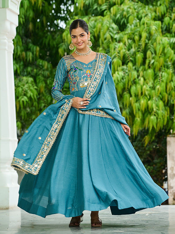 Sky Blue Sequins Thread Work Vichitra Silk Gown With Dupatta