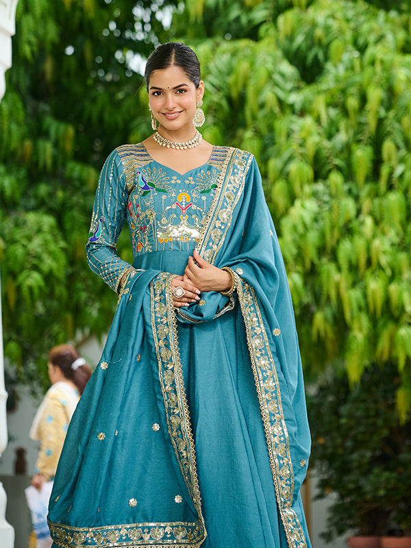 Sky Blue Sequins Thread Work Vichitra Silk Gown With Dupatta