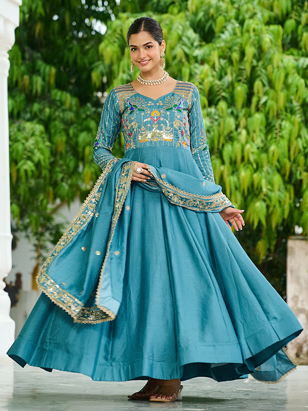 Sky Blue Sequins Thread Work Vichitra Silk Gown With Dupatta