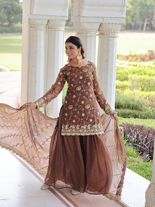 Coffee Maroon Rich Sequins Embroidered Work Sharara Set With Dupatta