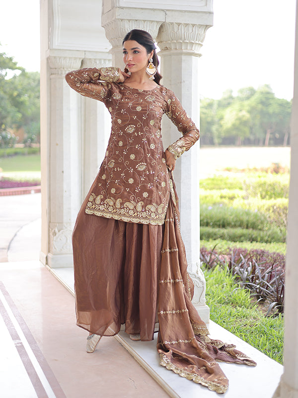 Coffee Maroon Rich Sequins Embroidered Work Sharara Set With Dupatta