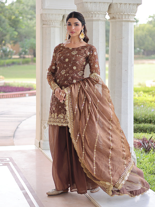 Coffee Maroon Rich Sequins Embroidered Work Sharara Set With Dupatta