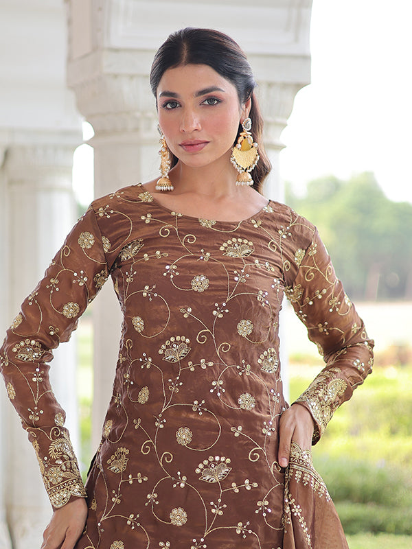 Coffee Maroon Rich Sequins Embroidered Work Sharara Set With Dupatta