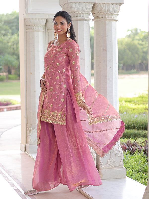 Light Pink Rich Sequins Embroidered Work Sharara Set With Dupatta