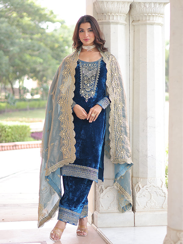 Blue Zari Embroidered Work Velvet Suit Set With Fendy Dupatta