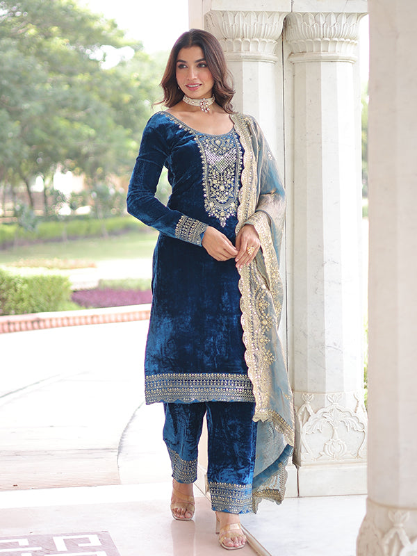 Blue Zari Embroidered Work Velvet Suit Set With Fendy Dupatta
