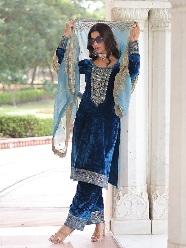 Blue Zari Embroidered Work Velvet Suit Set With Fendy Dupatta