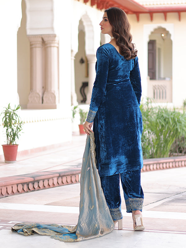 Blue Zari Embroidered Work Velvet Suit Set With Fendy Dupatta