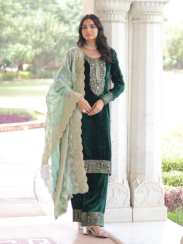 Green Zari Embroidered Work Velvet Suit Set With Fendy Dupatta