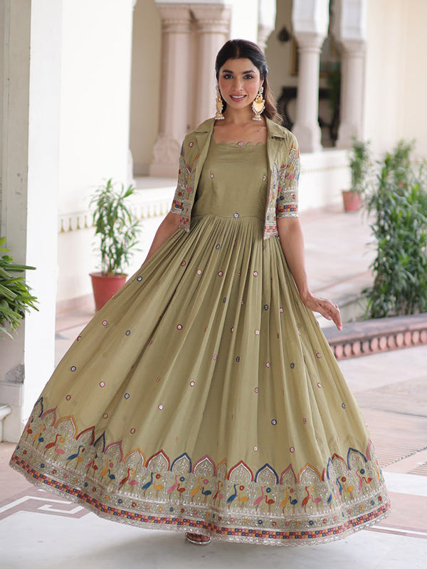 Mehndi Green Sequins Embroidered Work Vichitra Silk Gown With Dupatta –  Niharika Jaipur