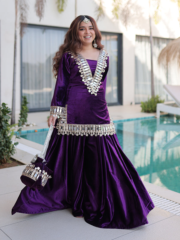 Purple Rich Zari Embroidered Mirror Work Ice Velvet Palazzo Suit