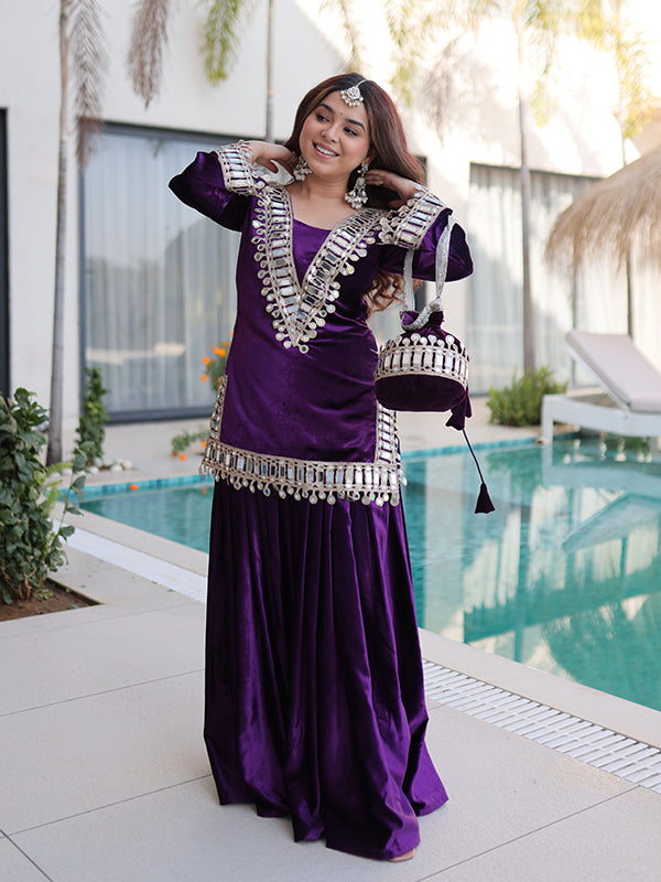 Purple Rich Zari Embroidered Mirror Work Ice Velvet Palazzo Suit