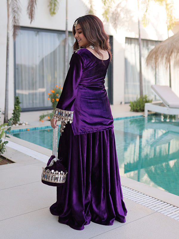 Purple Rich Zari Embroidered Mirror Work Ice Velvet Palazzo Suit