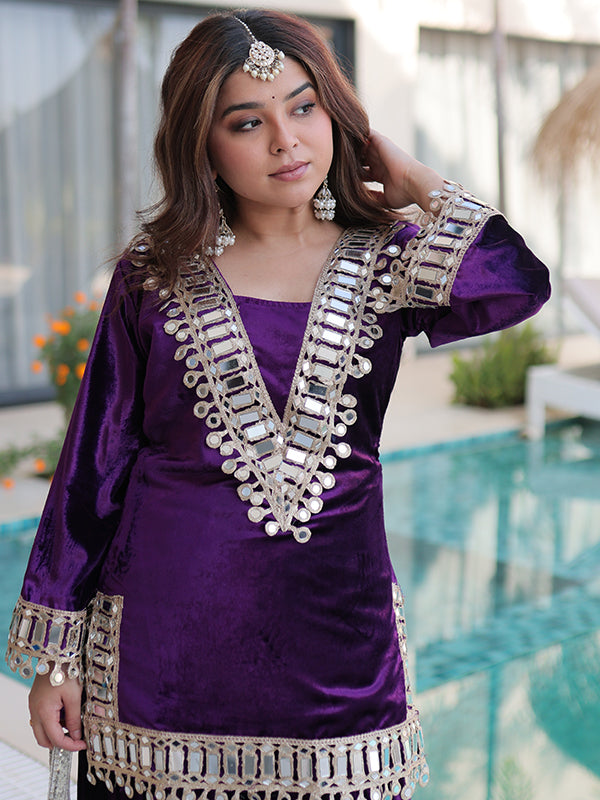 Purple Rich Zari Embroidered Mirror Work Ice Velvet Palazzo Suit