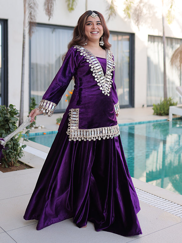 Purple Rich Zari Embroidered Mirror Work Ice Velvet Palazzo Suit