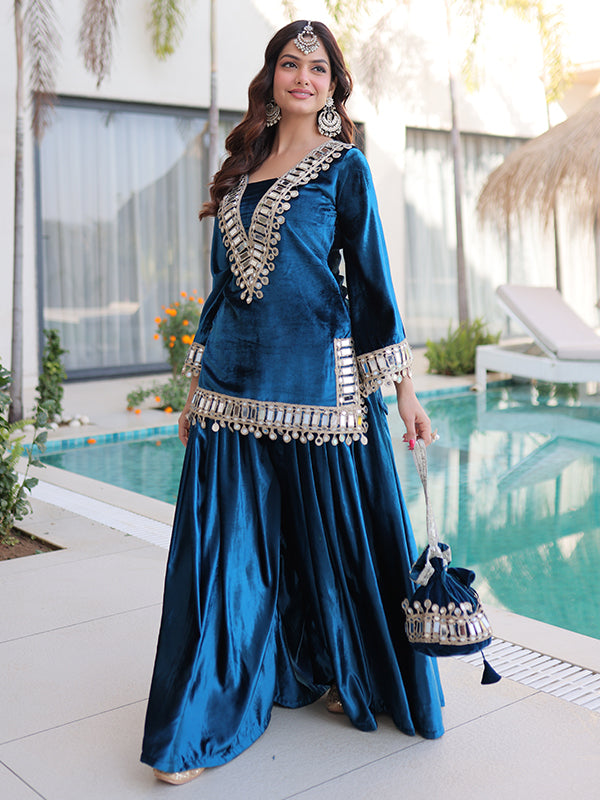 Rama Blue Rich Zari Embroidered Mirror Work Ice Velvet Palazzo Suit