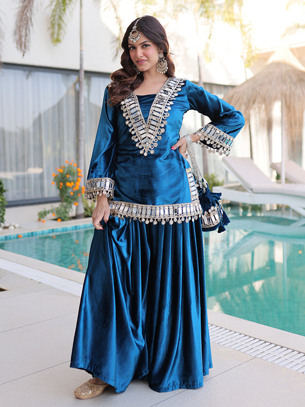 Rama Blue Rich Zari Embroidered Mirror Work Ice Velvet Palazzo Suit