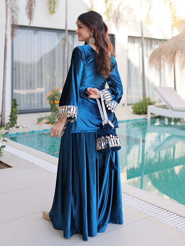 Rama Blue Rich Zari Embroidered Mirror Work Ice Velvet Palazzo Suit