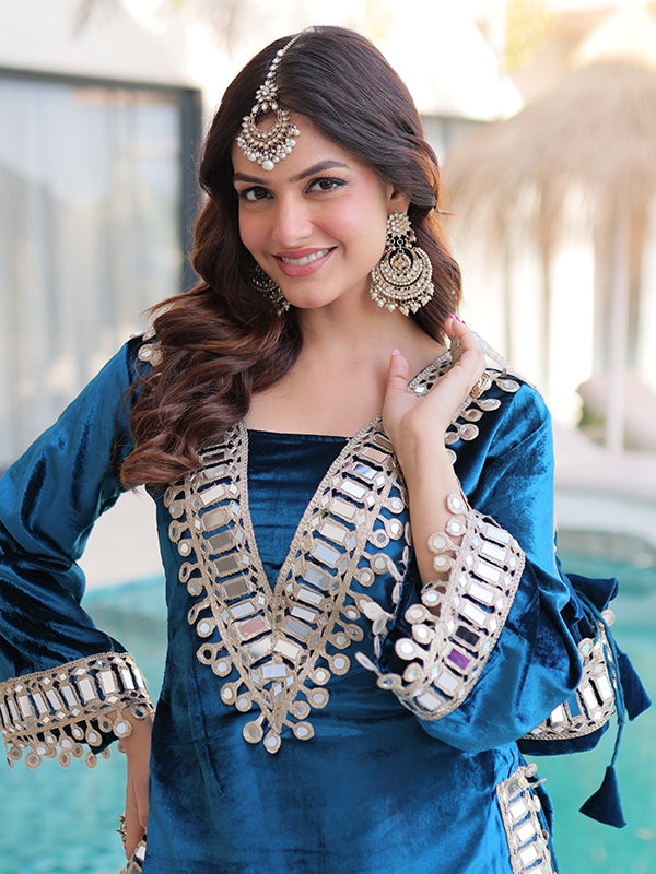 Rama Blue Rich Zari Embroidered Mirror Work Ice Velvet Palazzo Suit