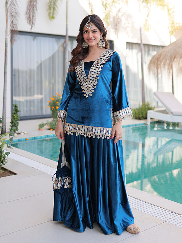 Rama Blue Rich Zari Embroidered Mirror Work Ice Velvet Palazzo Suit