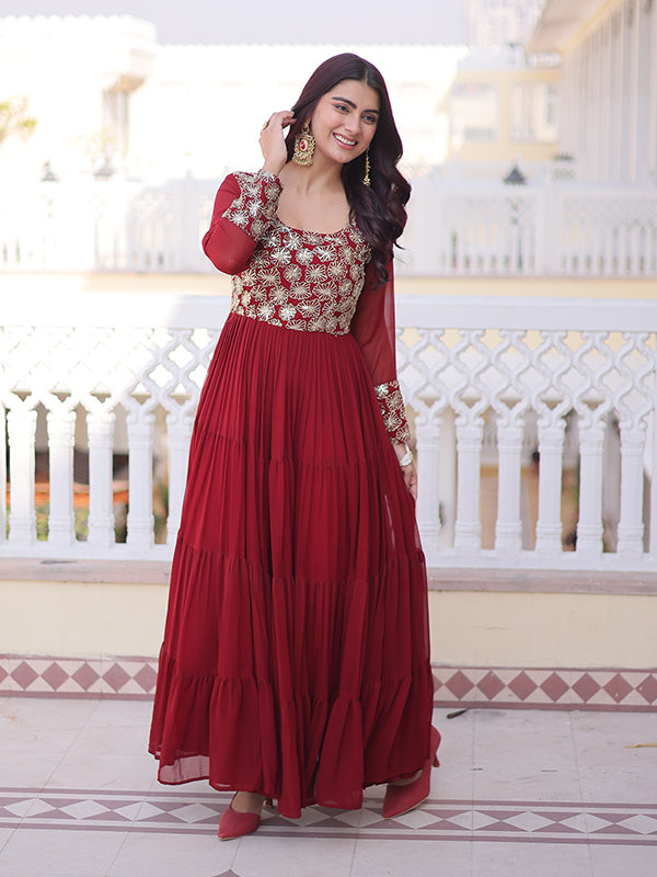 Maroon Sequins Zari Work Faux Blooming Georgette Gown