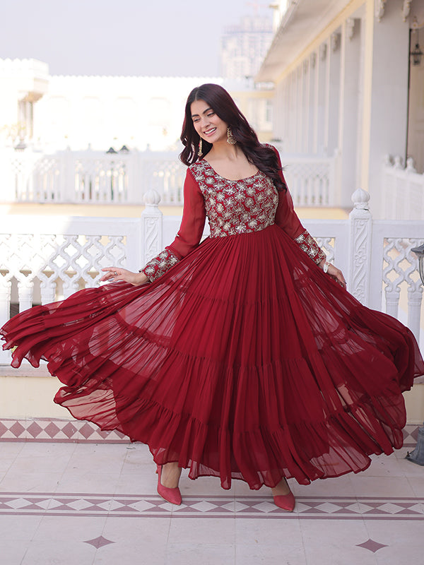 Maroon Sequins Zari Work Faux Blooming Georgette Gown