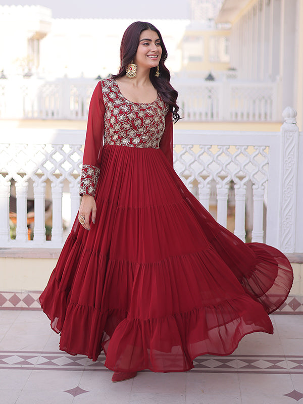 Maroon Sequins Zari Work Faux Blooming Georgette Gown