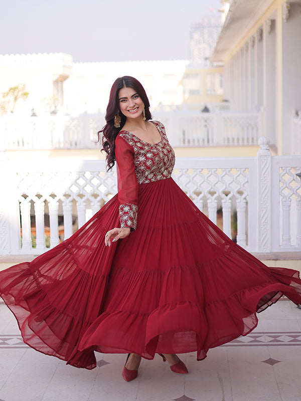 Maroon Sequins Zari Work Faux Blooming Georgette Gown