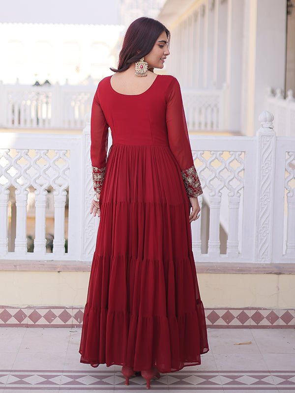 Maroon Sequins Zari Work Faux Blooming Georgette Gown