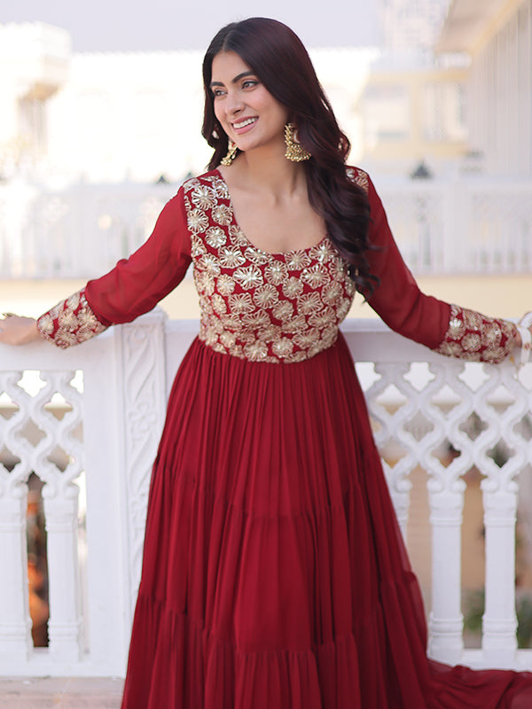 Maroon Sequins Zari Work Faux Blooming Georgette Gown