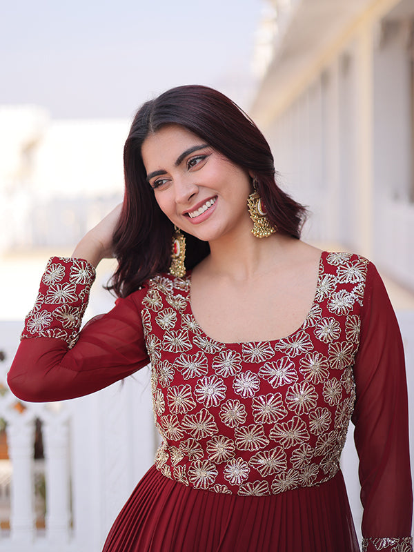 Maroon Sequins Zari Work Faux Blooming Georgette Gown