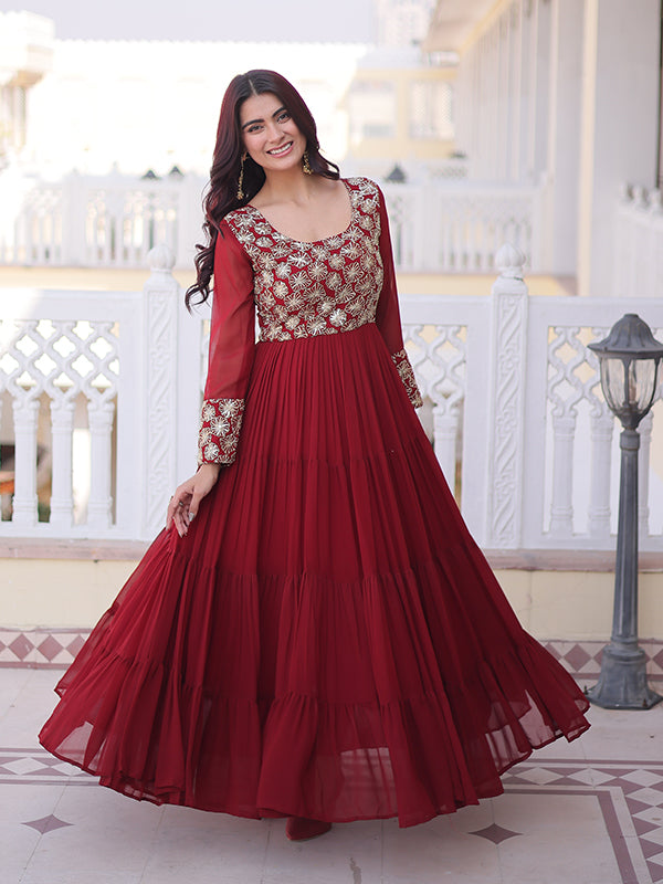 Maroon Sequins Zari Work Faux Blooming Georgette Gown