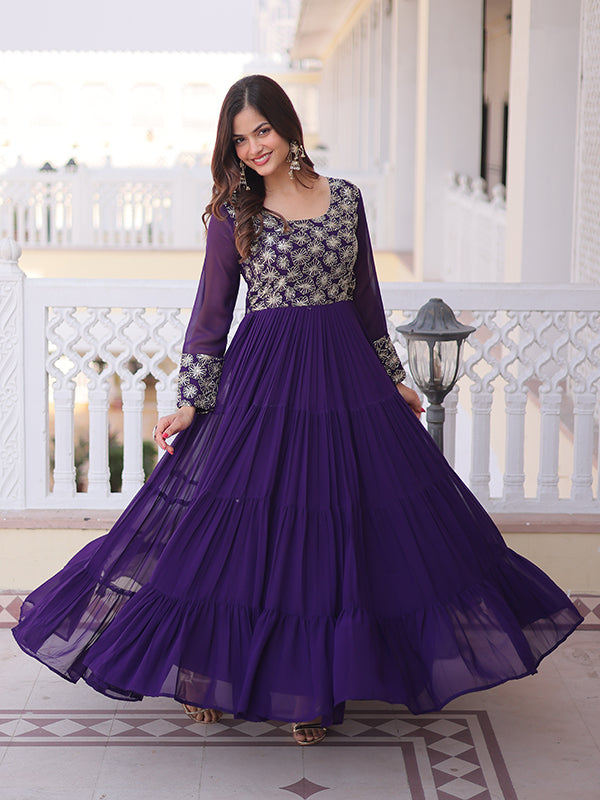 Purple Sequins Zari Work Faux Blooming Georgette Gown