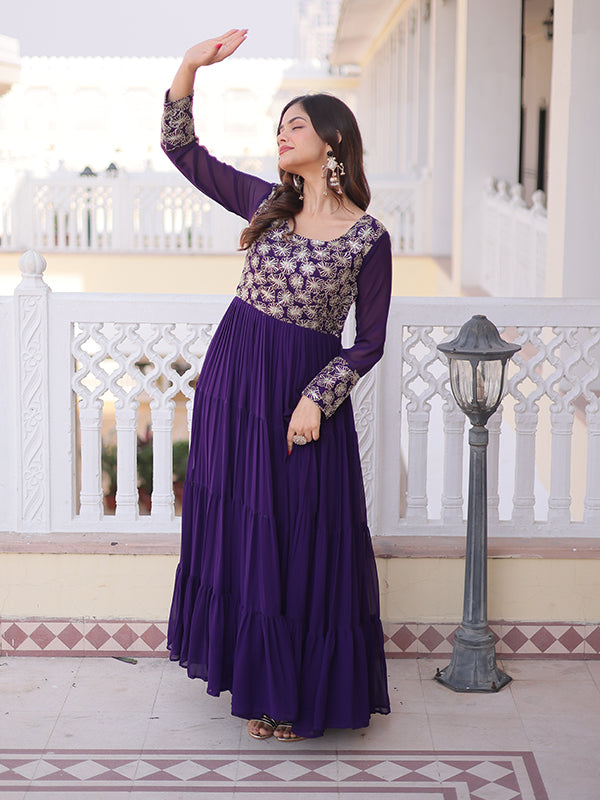 Purple Sequins Zari Work Faux Blooming Georgette Gown