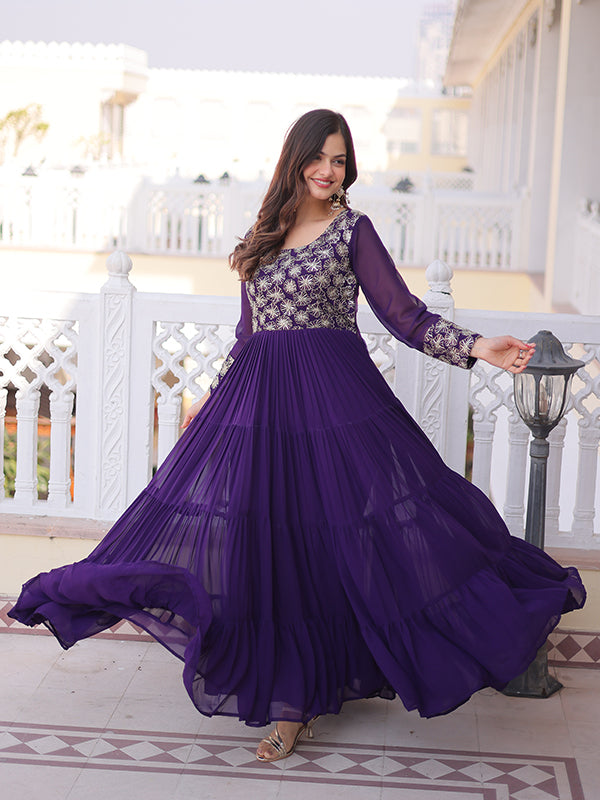 Purple Sequins Zari Work Faux Blooming Georgette Gown